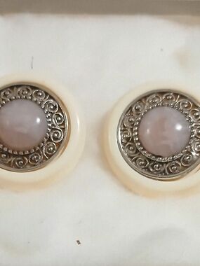 Silver-Tone Filigree Earrings with Soft Pink Cabochon